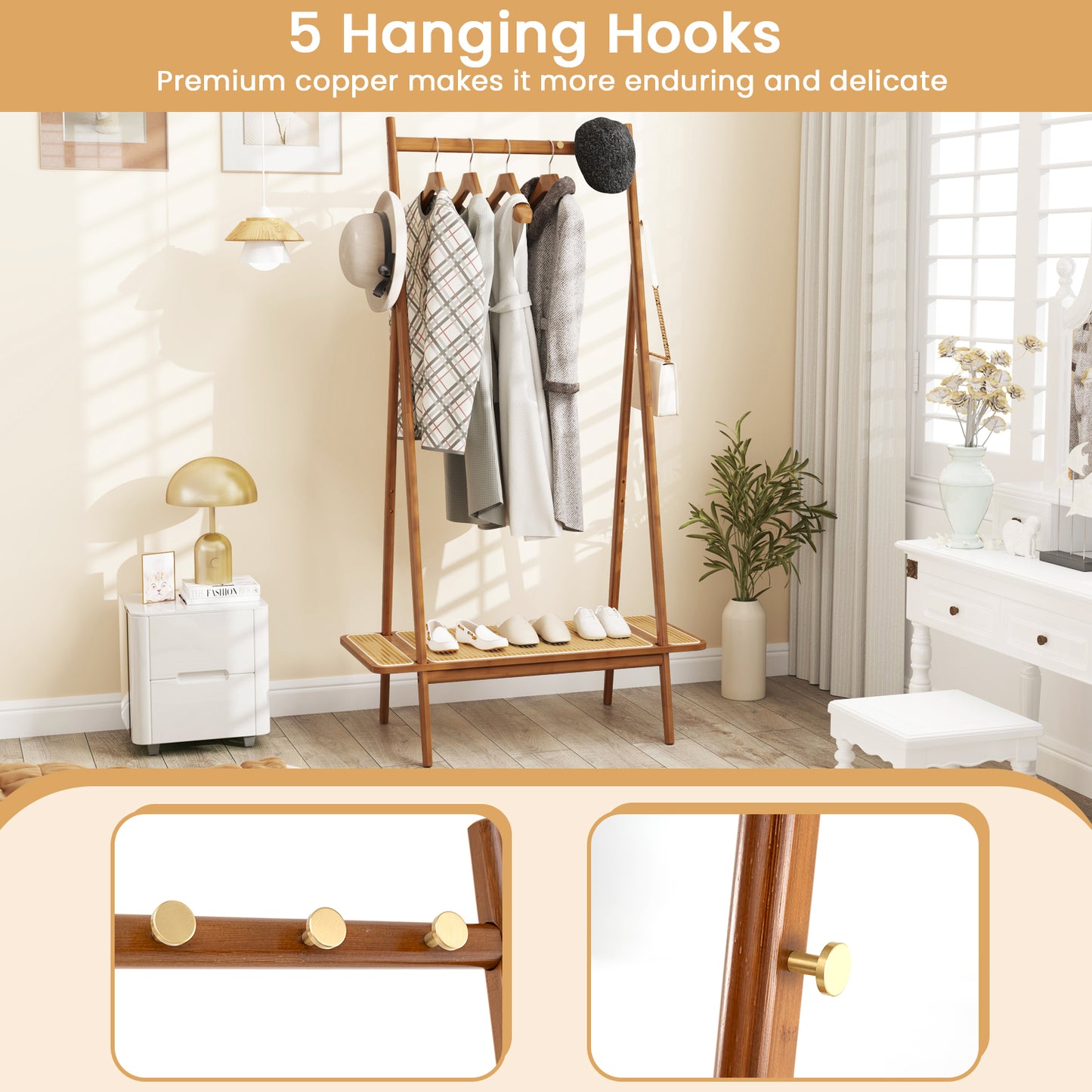 Bamboo Clothes Rack with Hanging Rod Rattan Shelf and 5 Copper Hooks-Coffee