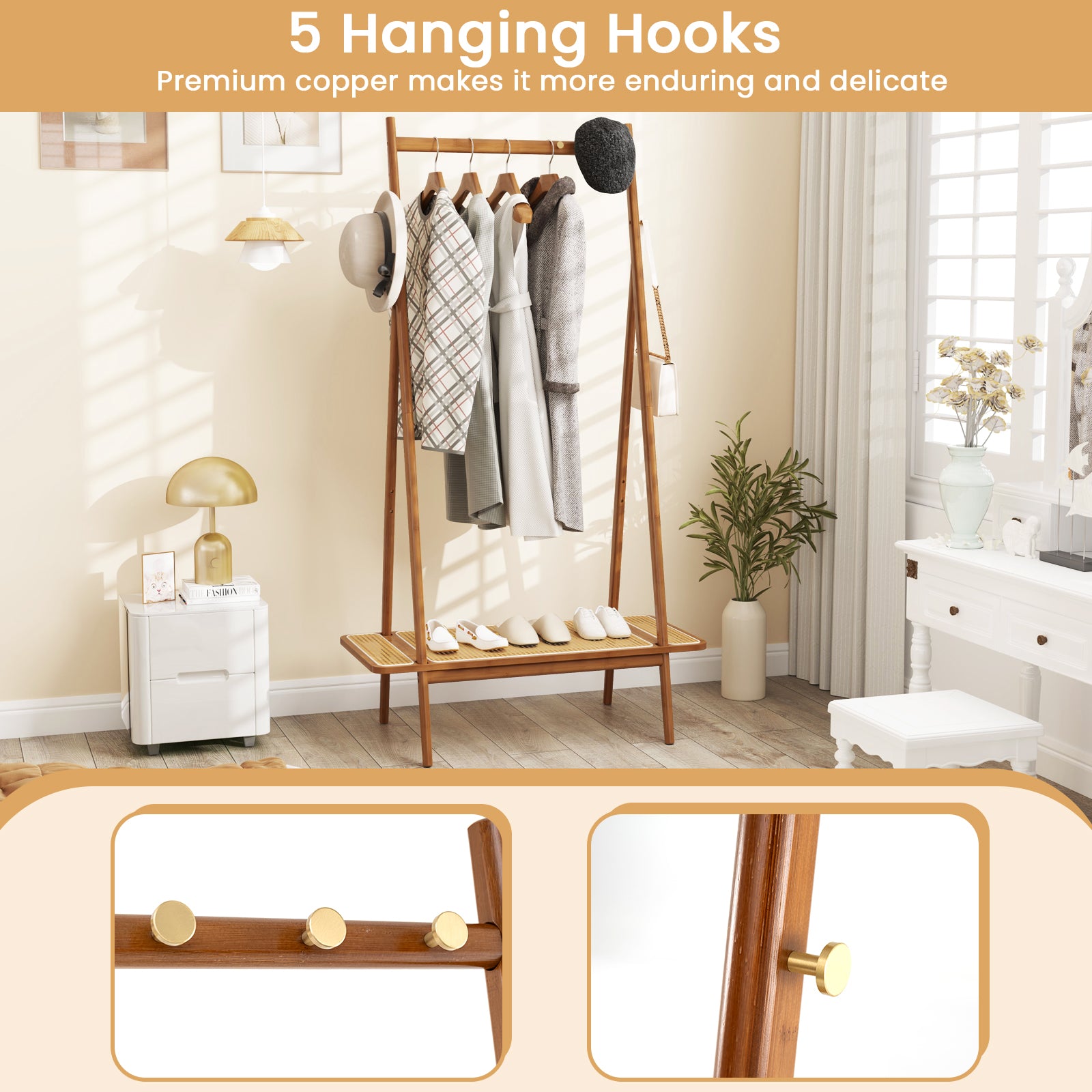 Bamboo Clothes Rack with Hanging Rod Rattan Shelf and 5 Copper Hooks-Coffee