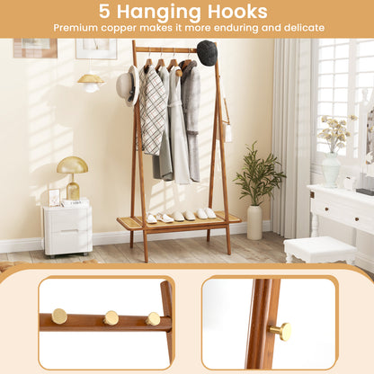 Bamboo Clothes Rack with Hanging Rod Rattan Shelf and 5 Copper Hooks-Coffee