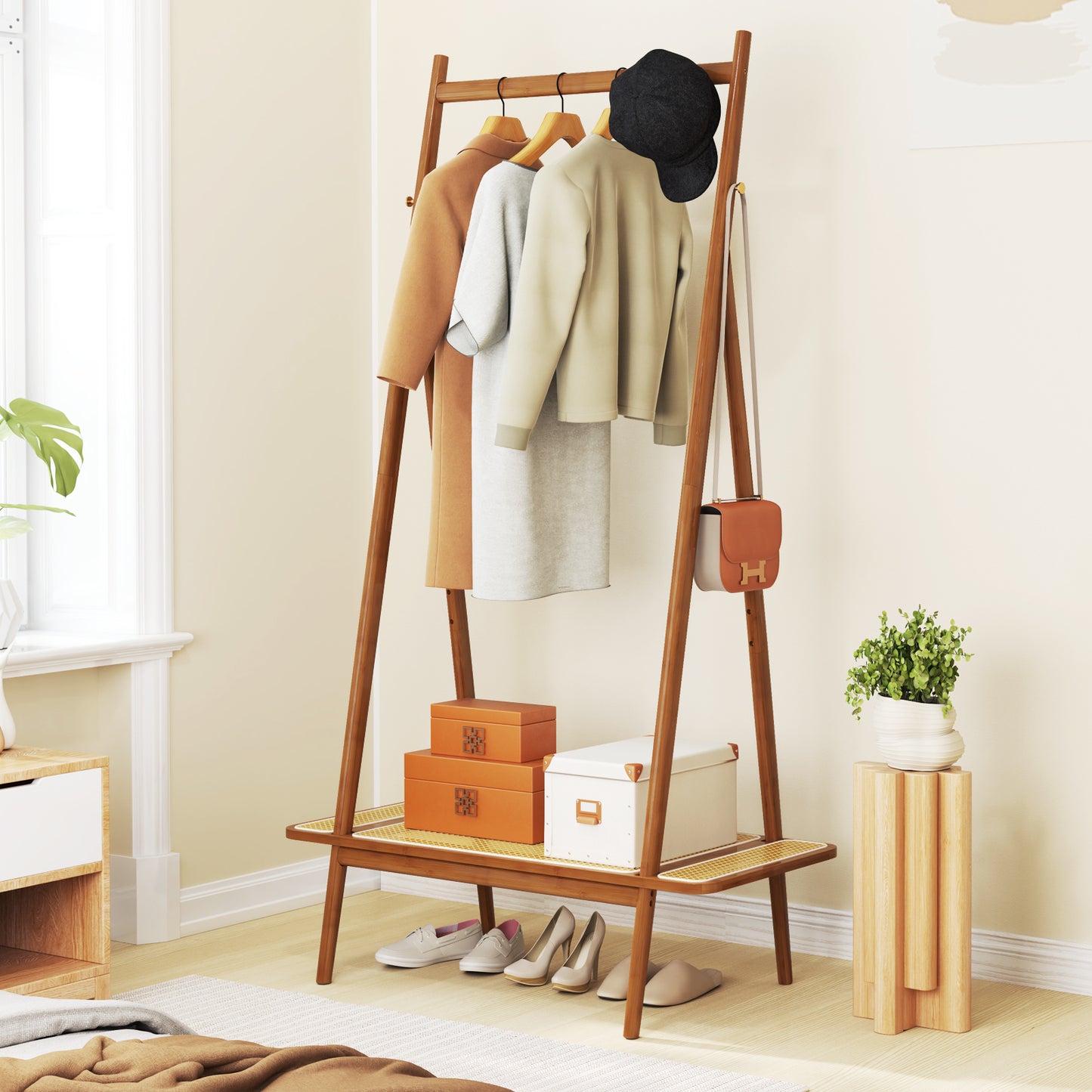 Bamboo Clothes Rack with Hanging Rod Rattan Shelf and 5 Copper Hooks-Coffee