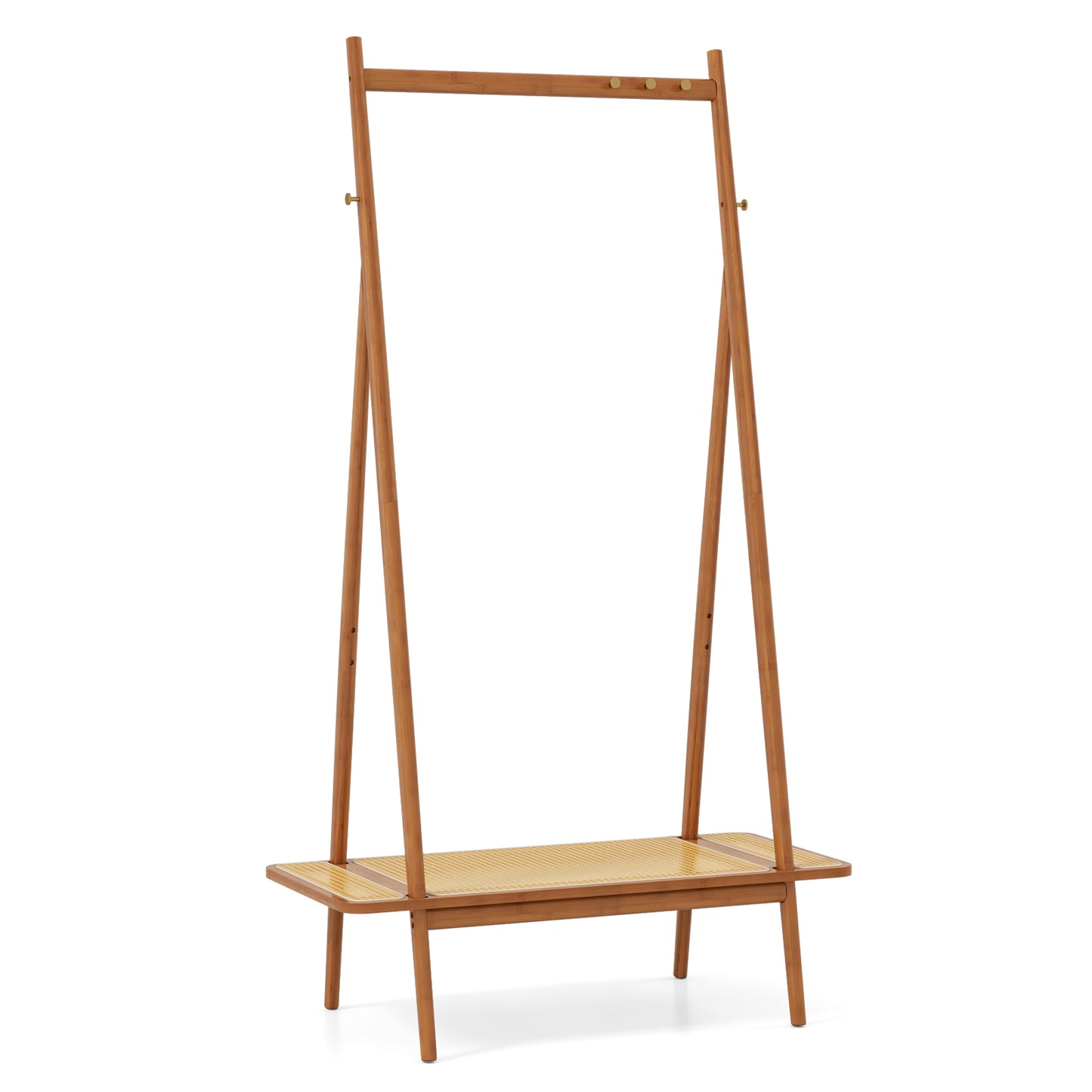 Bamboo Clothes Rack with Hanging Rod Rattan Shelf and 5 Copper Hooks-Coffee