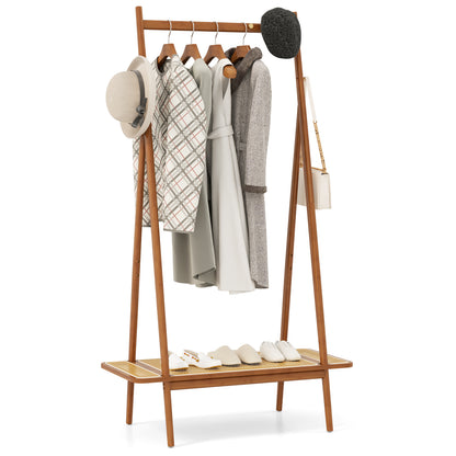 Bamboo Clothes Rack with Hanging Rod Rattan Shelf and 5 Copper Hooks-Coffee