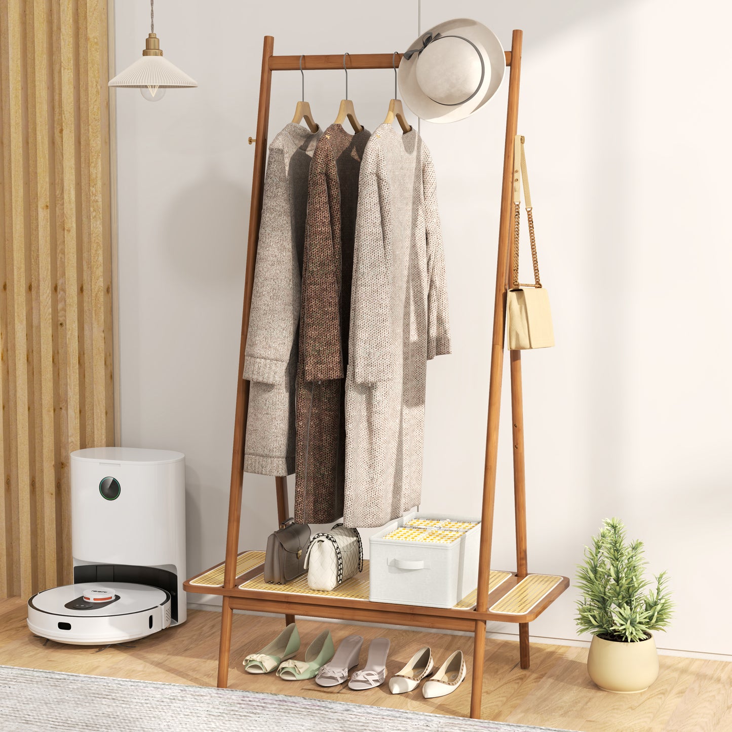 Bamboo Clothes Rack with Hanging Rod Rattan Shelf and 5 Copper Hooks-Coffee