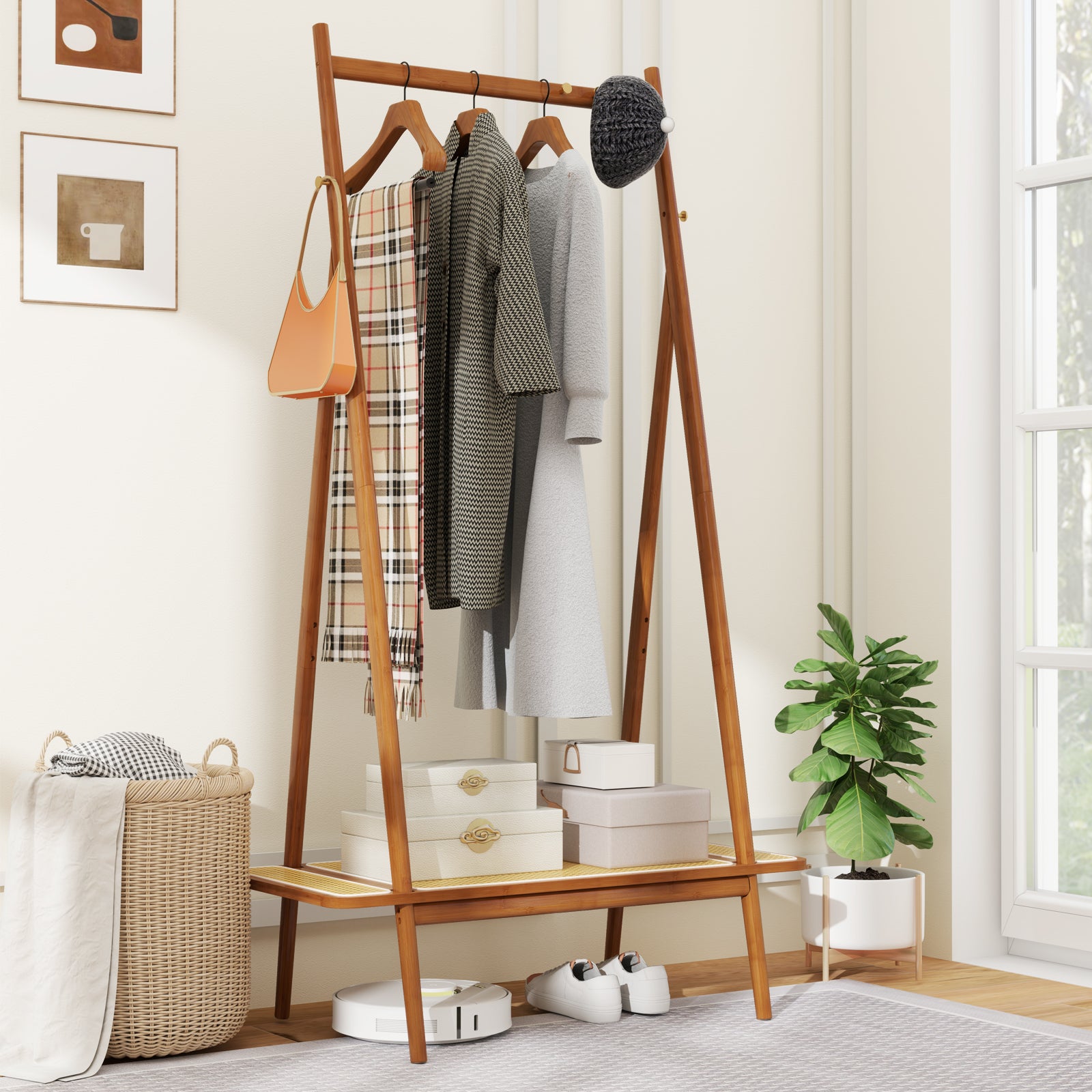Bamboo Clothes Rack with Hanging Rod Rattan Shelf and 5 Copper Hooks-Coffee