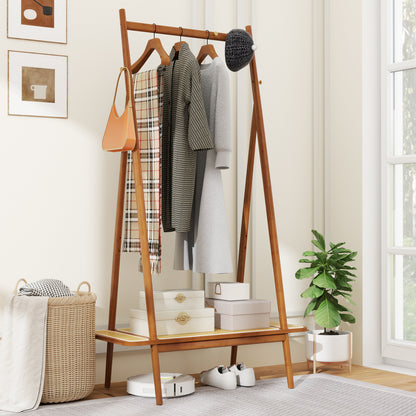 Bamboo Clothes Rack with Hanging Rod Rattan Shelf and 5 Copper Hooks-Coffee