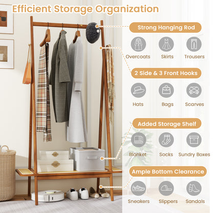 Bamboo Clothes Rack with Hanging Rod Rattan Shelf and 5 Copper Hooks-Coffee