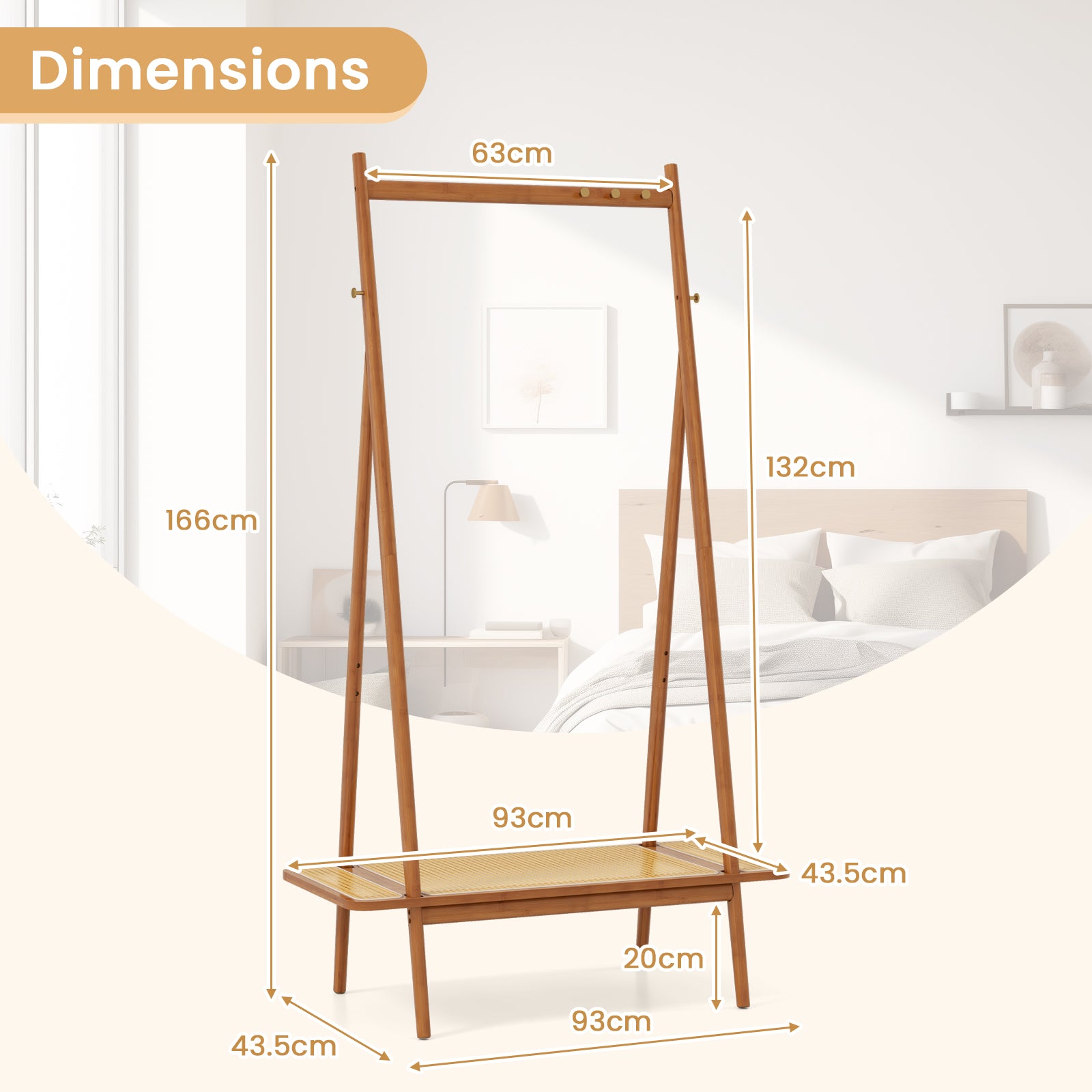 Bamboo Clothes Rack with Hanging Rod Rattan Shelf and 5 Copper Hooks-Coffee