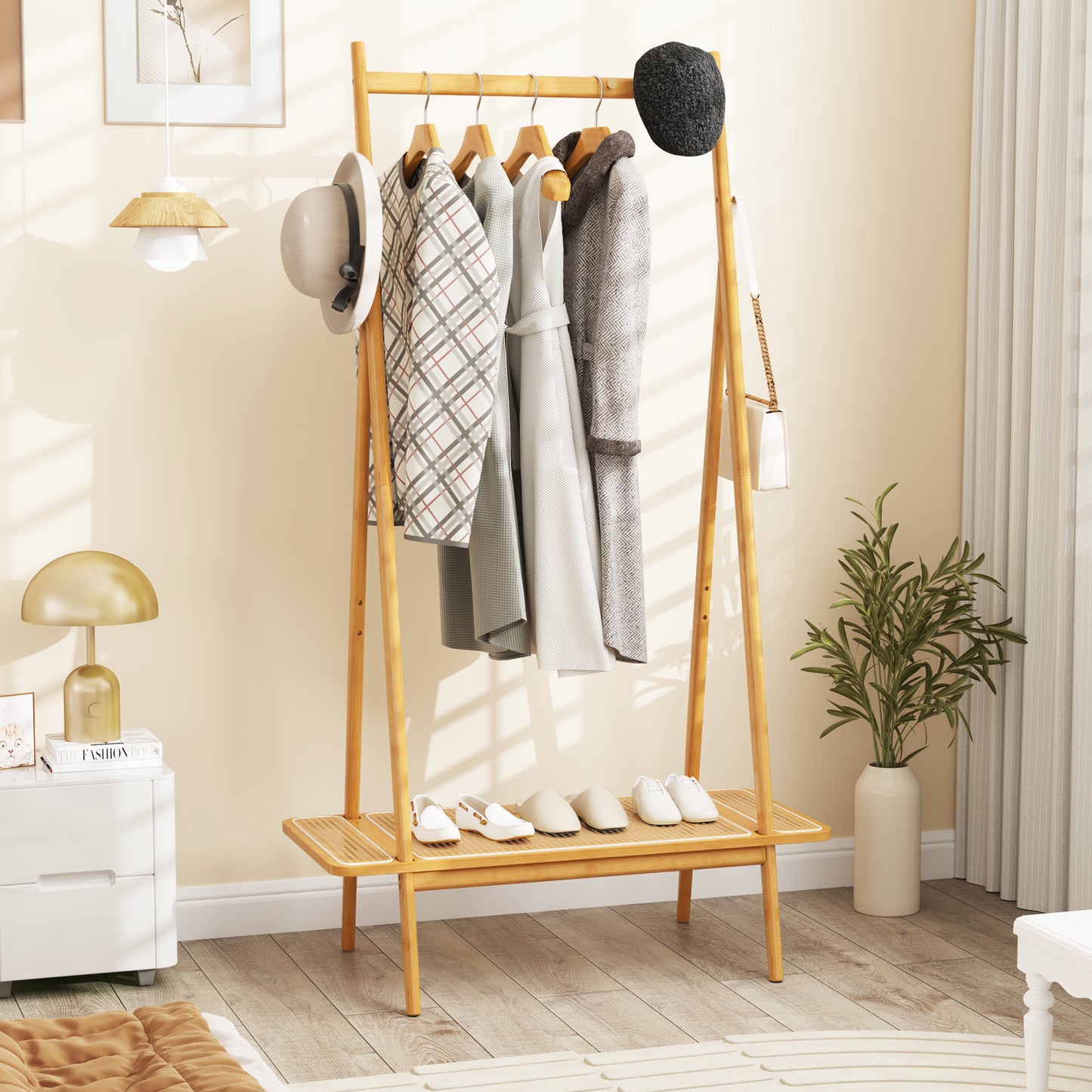 Bamboo Clothes Rack with Hanging Rod Rattan Shelf and 5 Copper Hooks-Natural
