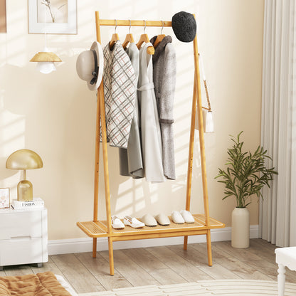 Bamboo Clothes Rack with Hanging Rod Rattan Shelf and 5 Copper Hooks-Natural