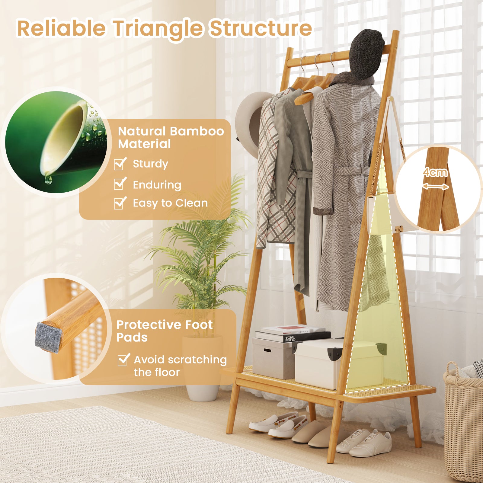 Bamboo Clothes Rack with Hanging Rod Rattan Shelf and 5 Copper Hooks-Natural