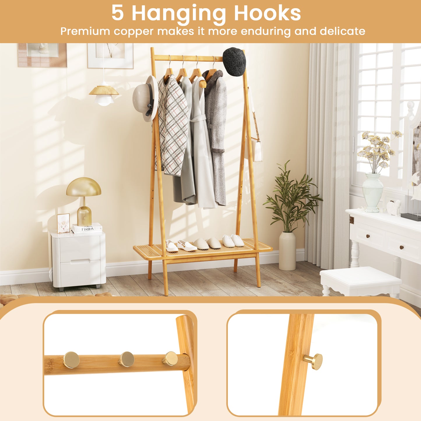 Bamboo Clothes Rack with Hanging Rod Rattan Shelf and 5 Copper Hooks-Natural