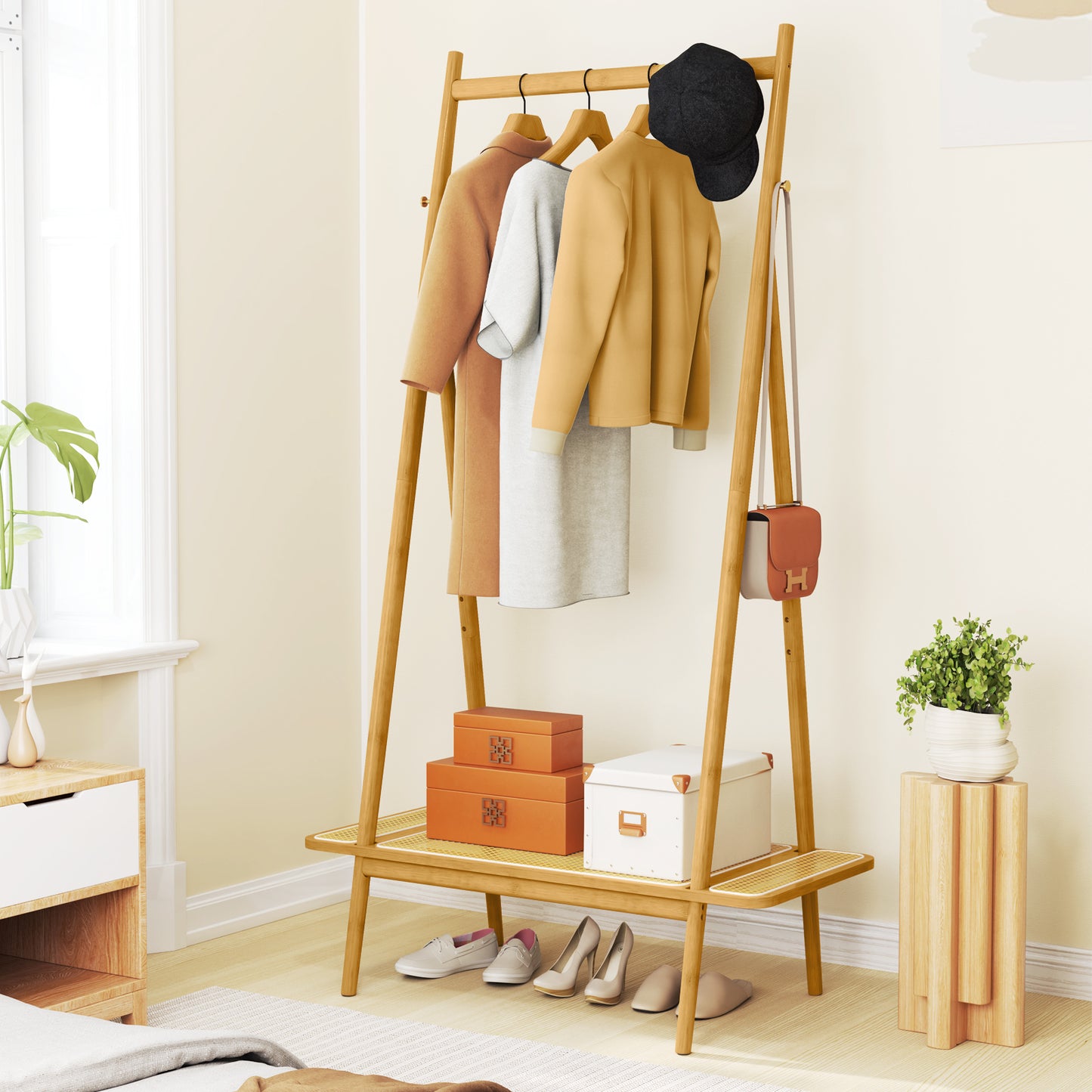Bamboo Clothes Rack with Hanging Rod Rattan Shelf and 5 Copper Hooks-Natural