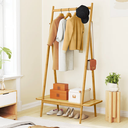 Bamboo Clothes Rack with Hanging Rod Rattan Shelf and 5 Copper Hooks-Natural