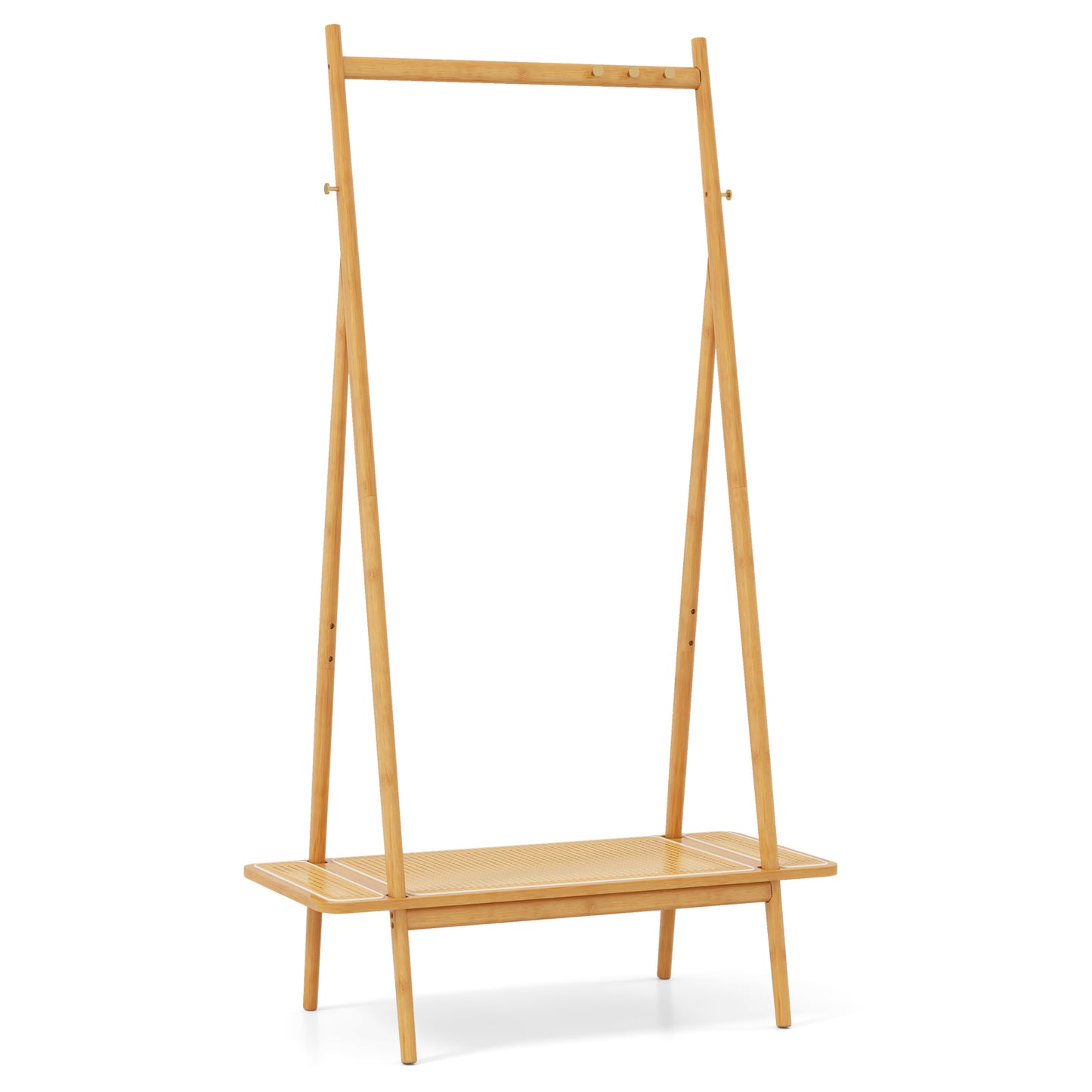 Bamboo Clothes Rack with Hanging Rod Rattan Shelf and 5 Copper Hooks-Natural