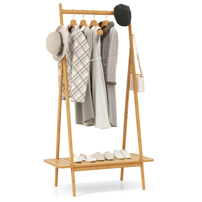 Bamboo Clothes Rack with Hanging Rod Rattan Shelf and 5 Copper Hooks-Natural
