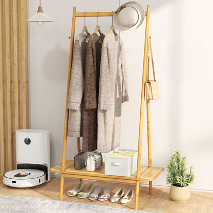 Bamboo Clothes Rack with Hanging Rod Rattan Shelf and 5 Copper Hooks-Natural