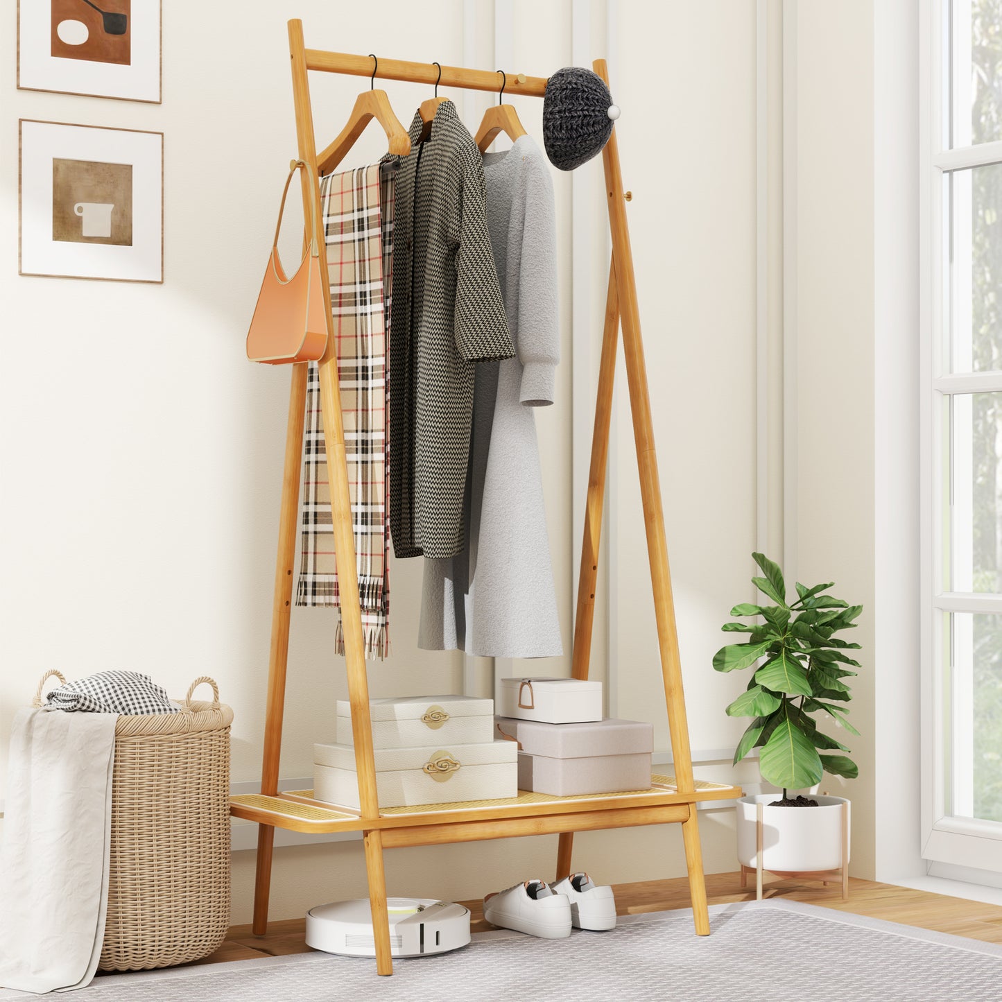 Bamboo Clothes Rack with Hanging Rod Rattan Shelf and 5 Copper Hooks-Natural