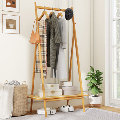 Bamboo Clothes Rack with Hanging Rod Rattan Shelf and 5 Copper Hooks-Natural