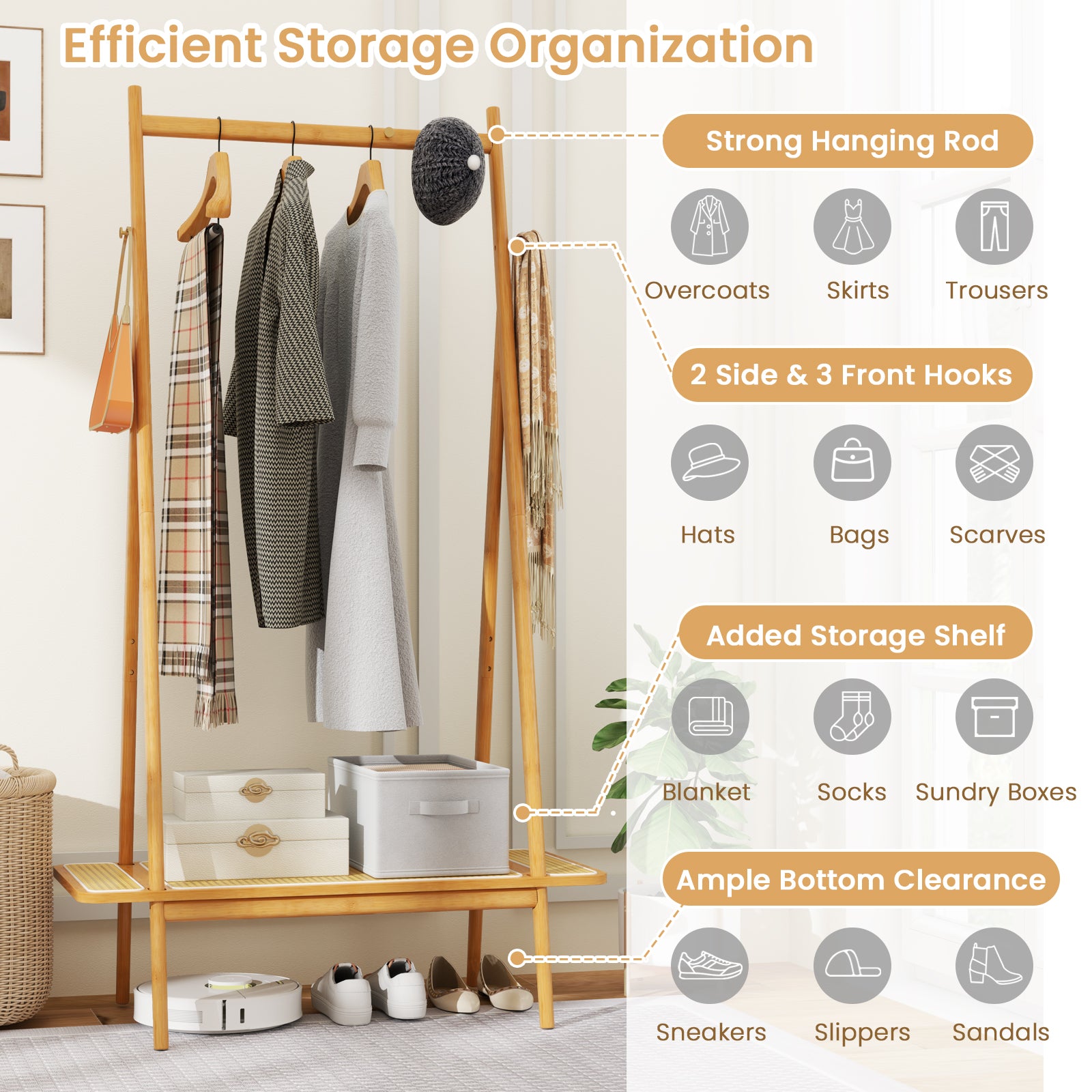Bamboo Clothes Rack with Hanging Rod Rattan Shelf and 5 Copper Hooks-Natural