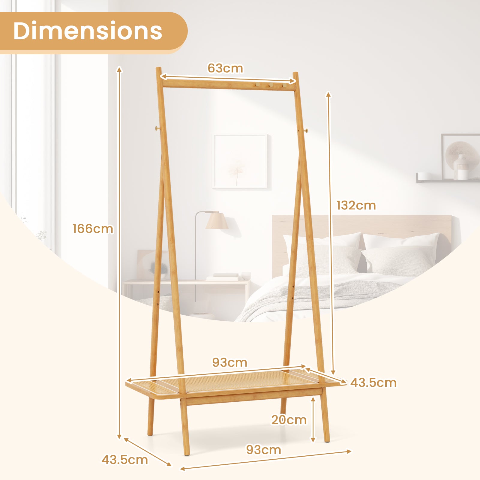 Bamboo Clothes Rack with Hanging Rod Rattan Shelf and 5 Copper Hooks-Natural