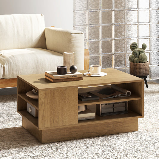 Modern Coffee Table Rectangle Center Table with 2-Tier Open Storage Shelves-Natural