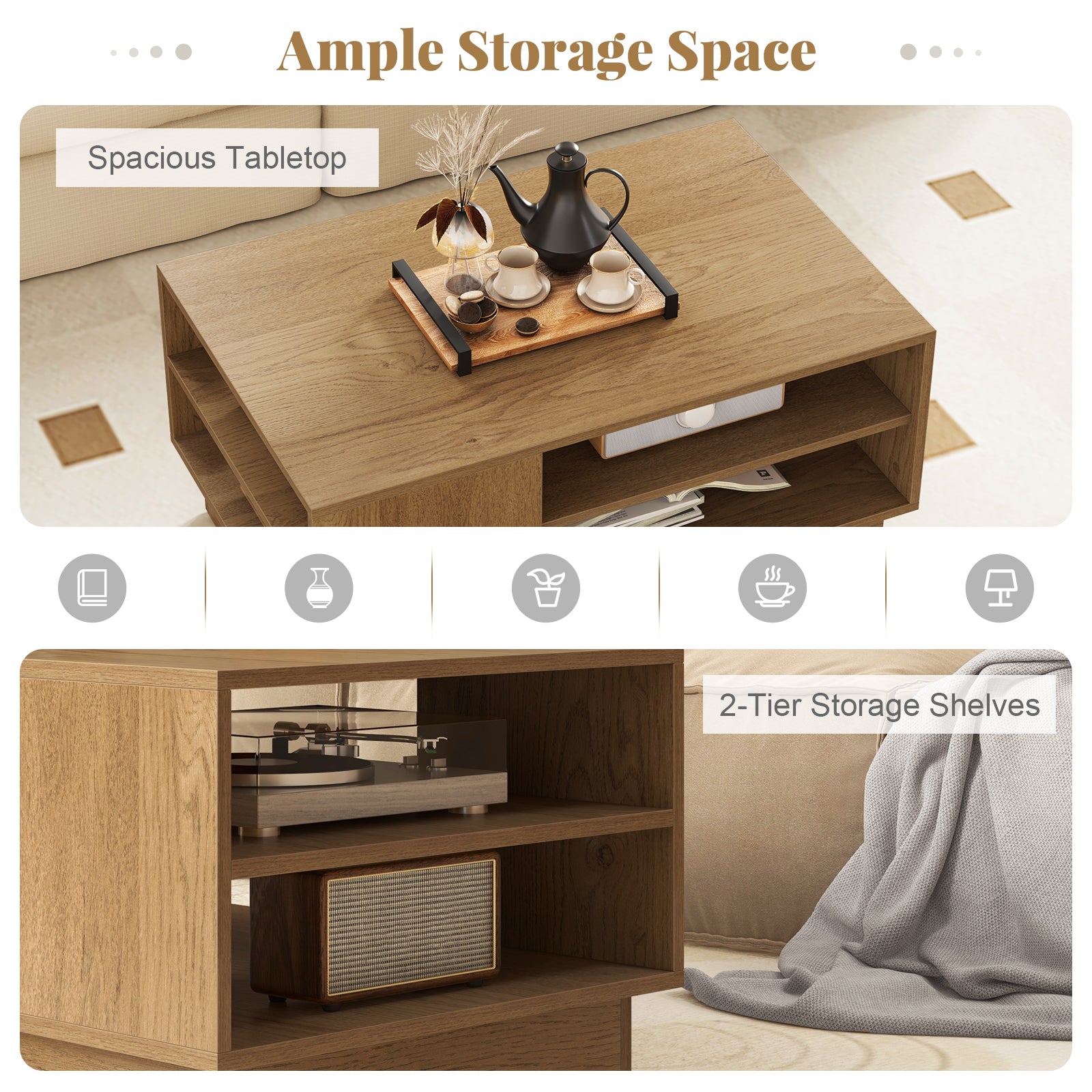 Modern Coffee Table Rectangle Center Table with 2-Tier Open Storage Shelves-Natural