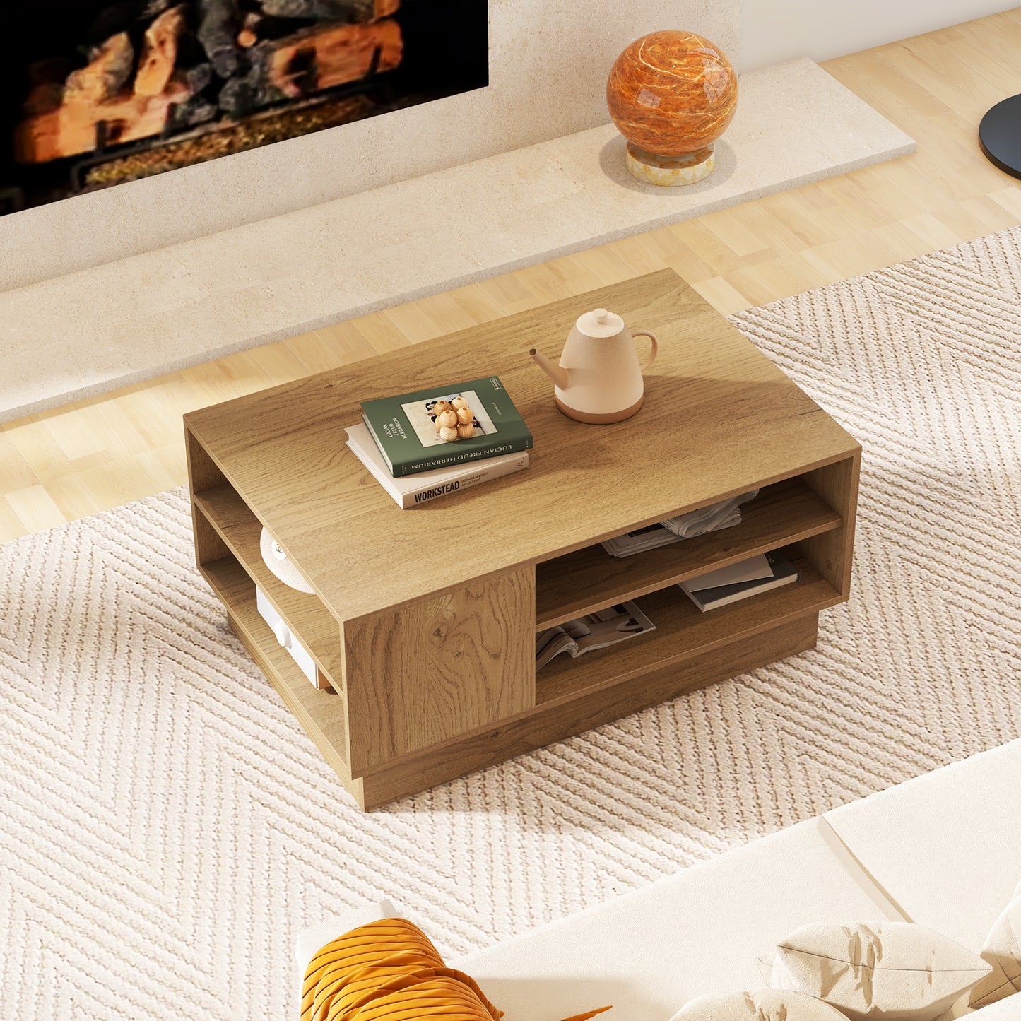 Modern Coffee Table Rectangle Center Table with 2-Tier Open Storage Shelves-Natural