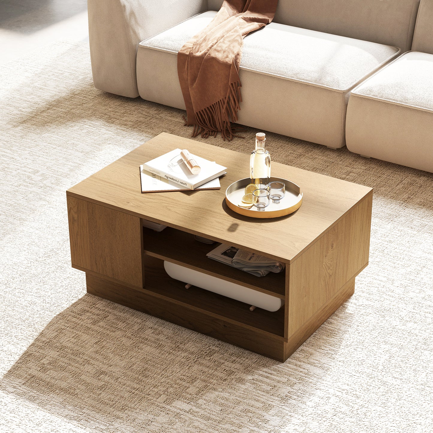 Modern Coffee Table Rectangle Center Table with 2-Tier Open Storage Shelves-Natural