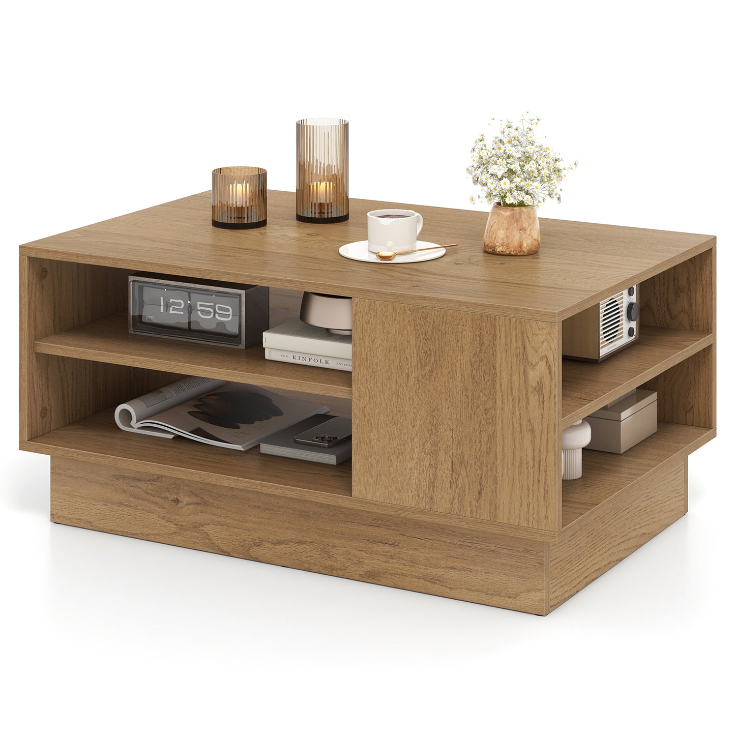 Modern Coffee Table Rectangle Center Table with 2-Tier Open Storage Shelves-Natural