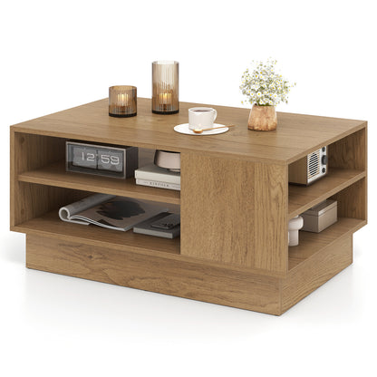 Modern Coffee Table Rectangle Center Table with 2-Tier Open Storage Shelves-Natural