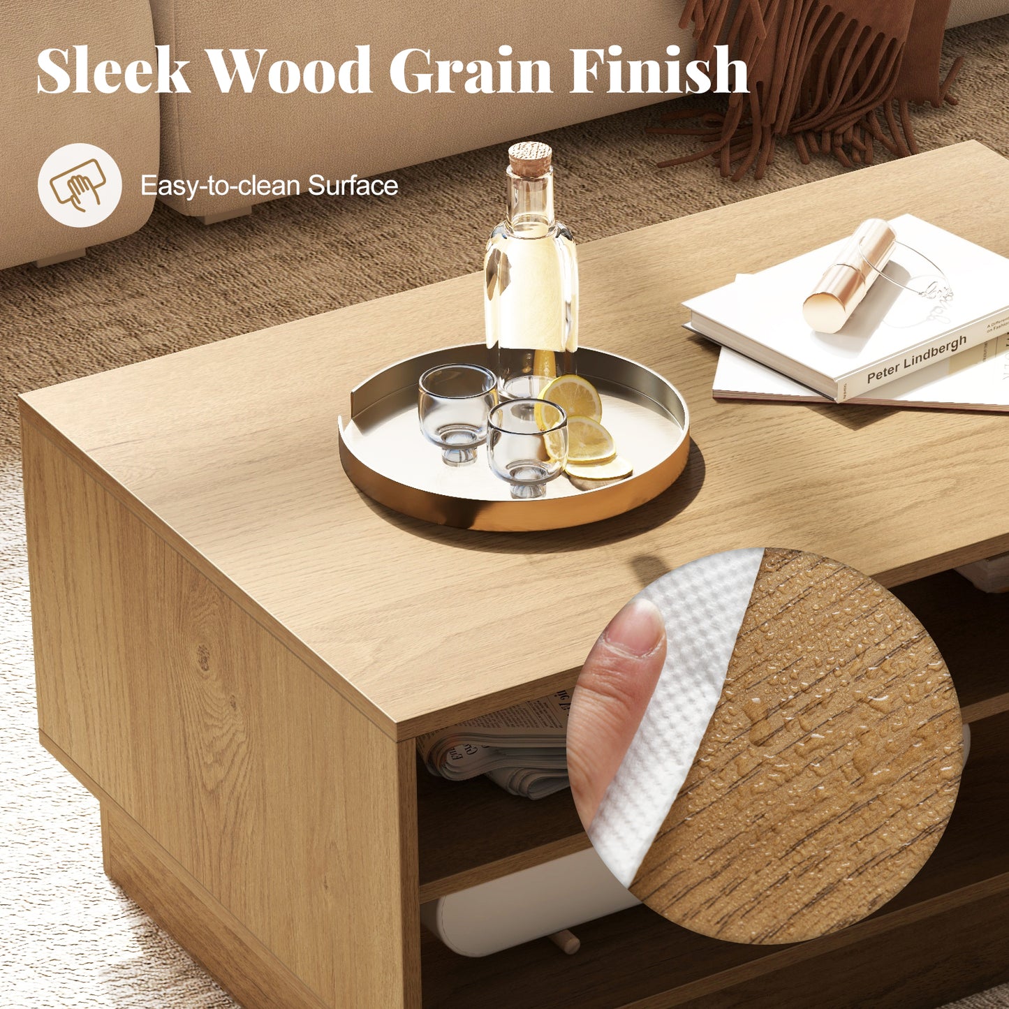 Modern Coffee Table Rectangle Center Table with 2-Tier Open Storage Shelves-Natural