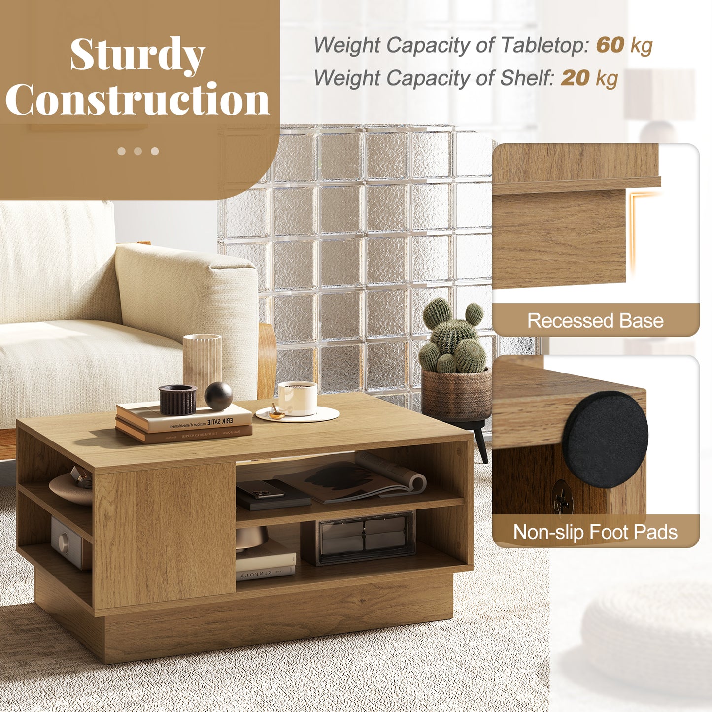 Modern Coffee Table Rectangle Center Table with 2-Tier Open Storage Shelves-Natural