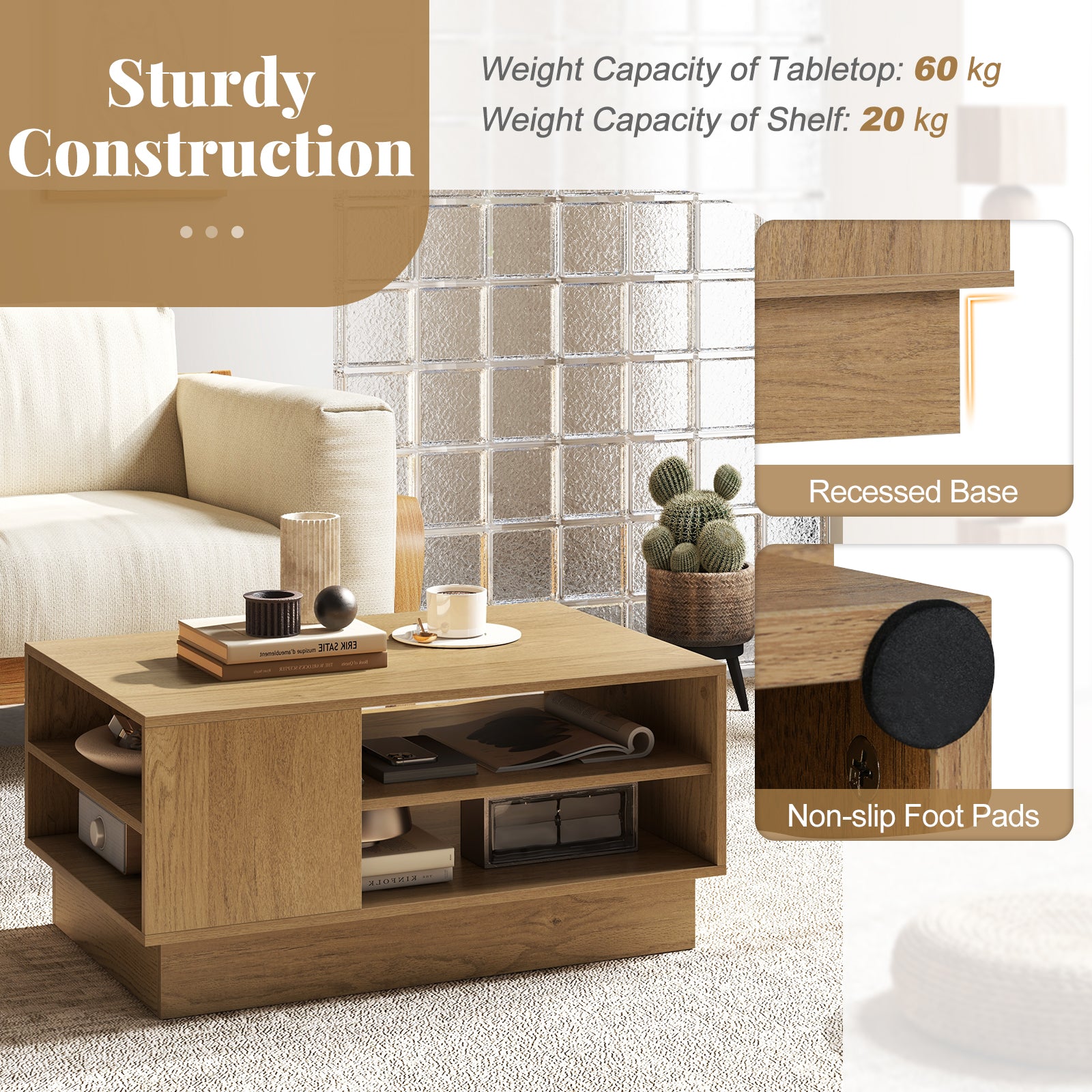 Modern Coffee Table Rectangle Center Table with 2-Tier Open Storage Shelves-Natural