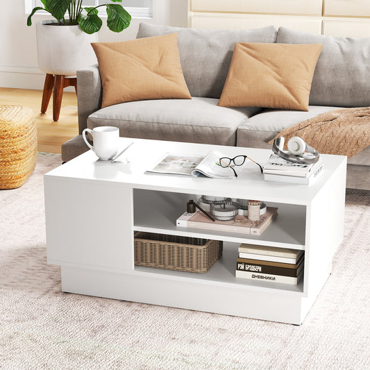 Modern Coffee Table Rectangle Center Table with 2-Tier Open Storage Shelves-White