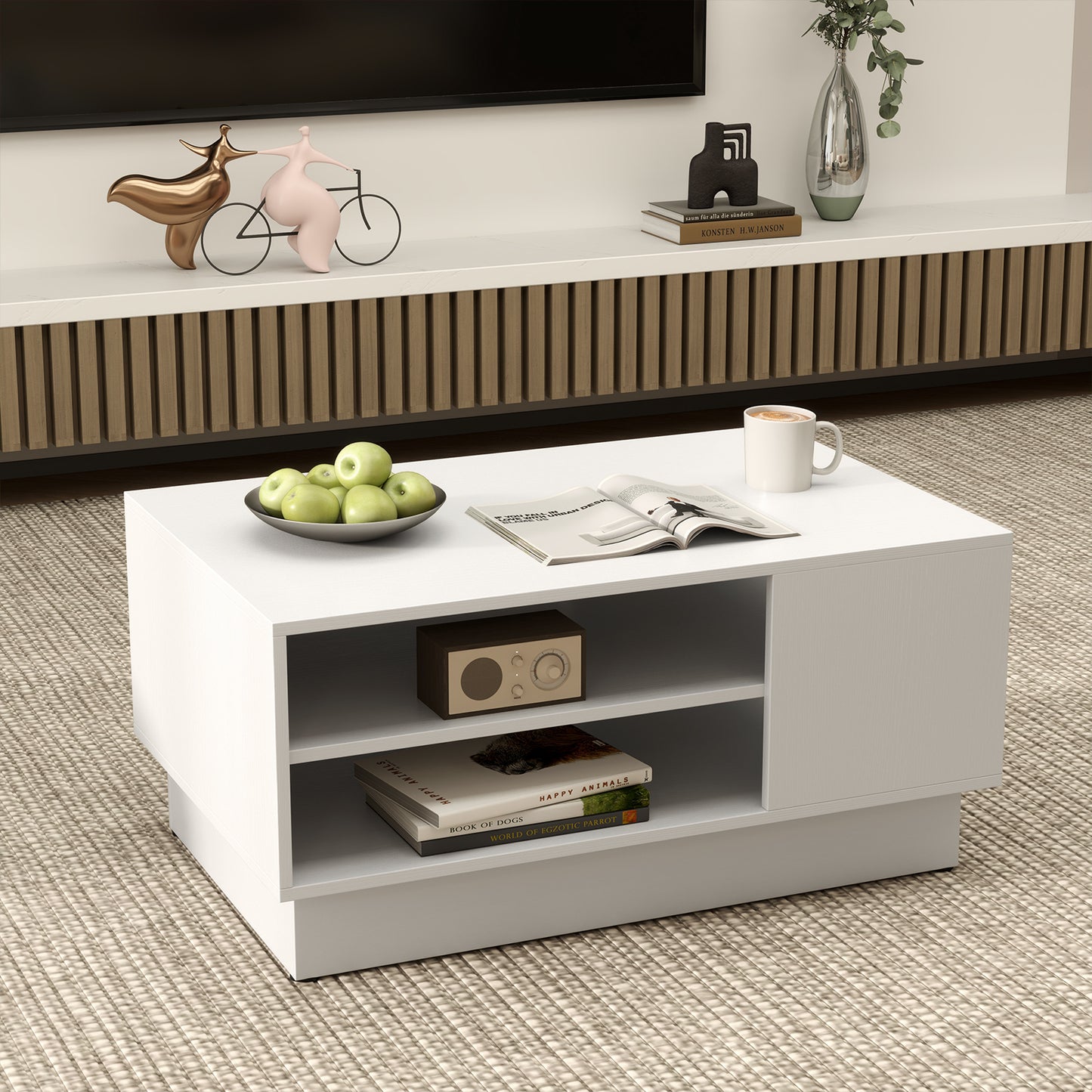 Modern Coffee Table Rectangle Center Table with 2-Tier Open Storage Shelves-White