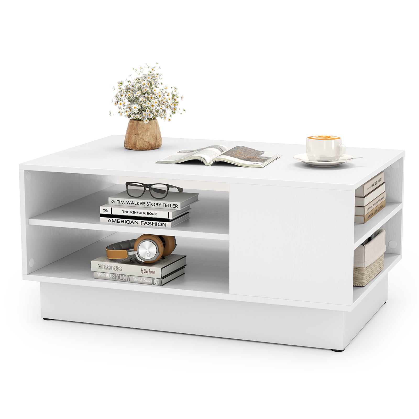 Modern Coffee Table Rectangle Center Table with 2-Tier Open Storage Shelves-White
