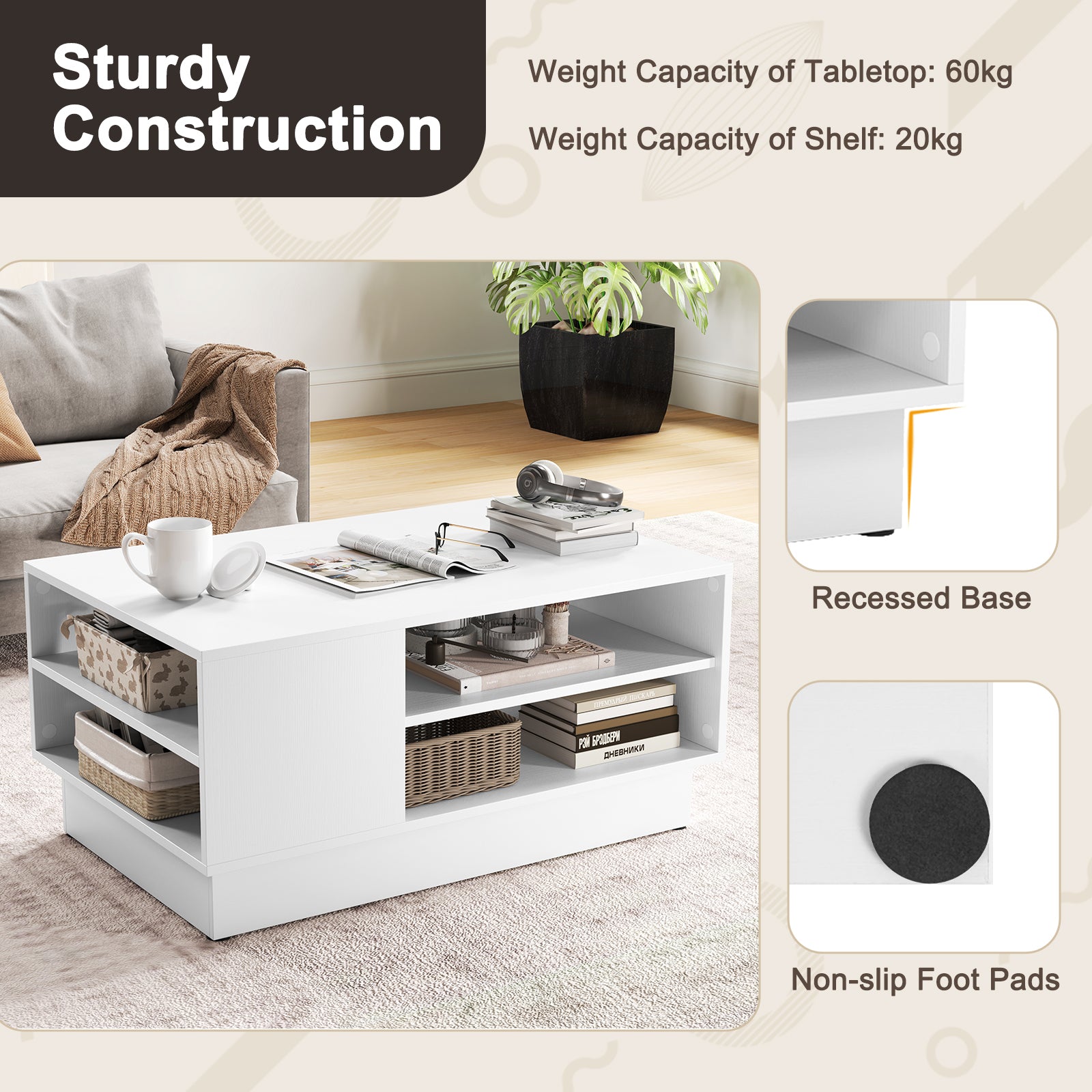 Modern Coffee Table Rectangle Center Table with 2-Tier Open Storage Shelves-White