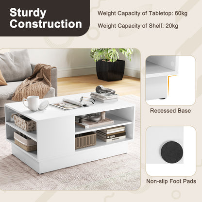 Modern Coffee Table Rectangle Center Table with 2-Tier Open Storage Shelves-White