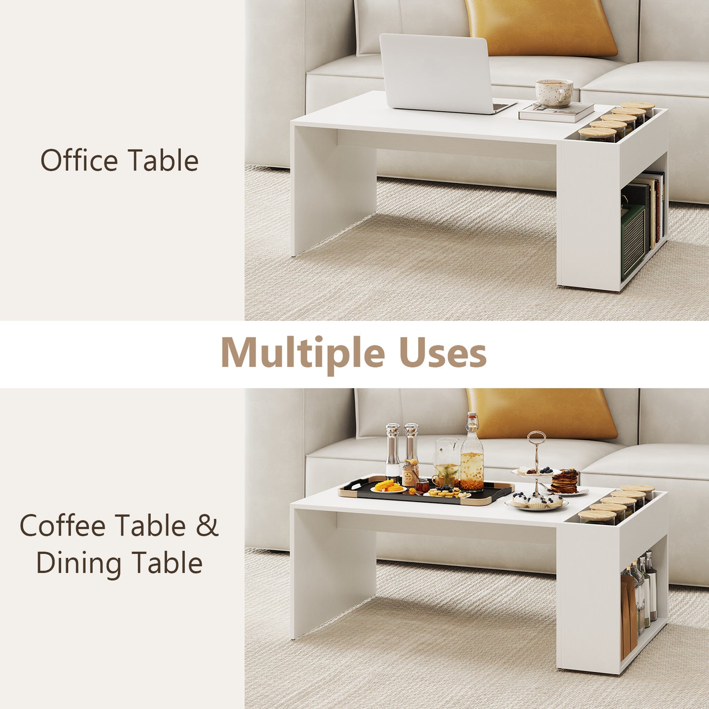 Coffee Table with Double-Layer Storage Space Modern Center Table-White