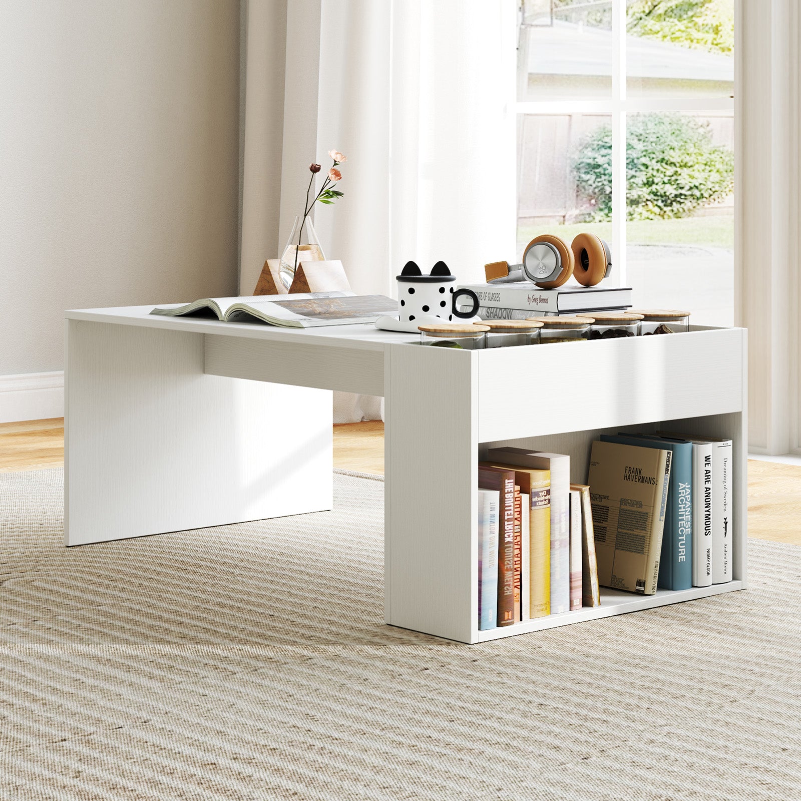 Coffee Table with Double-Layer Storage Space Modern Center Table-White