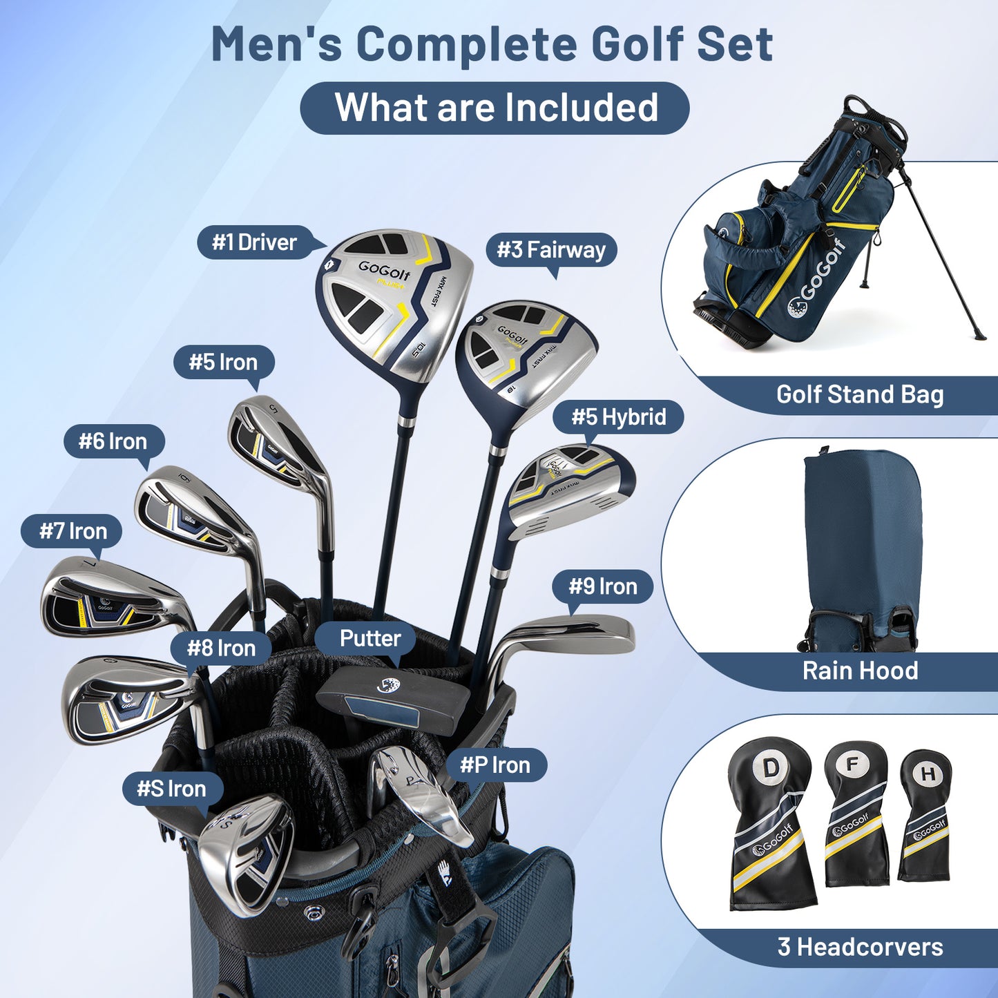 Complete golf club set for men with stand bag-Yellow