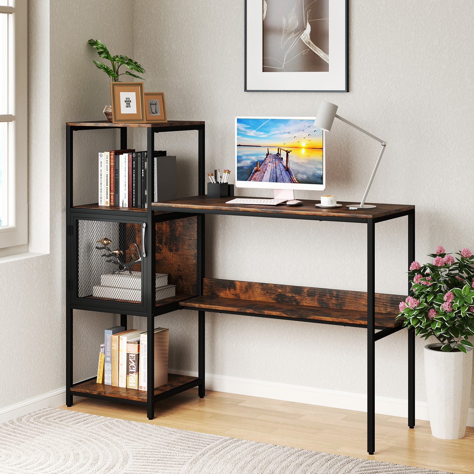 Computer Desk with Bookshelf Storage Cabinet and Shelves-Rustic Brown