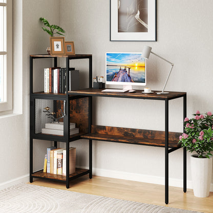 Computer Desk with Bookshelf Storage Cabinet and Shelves-Rustic Brown