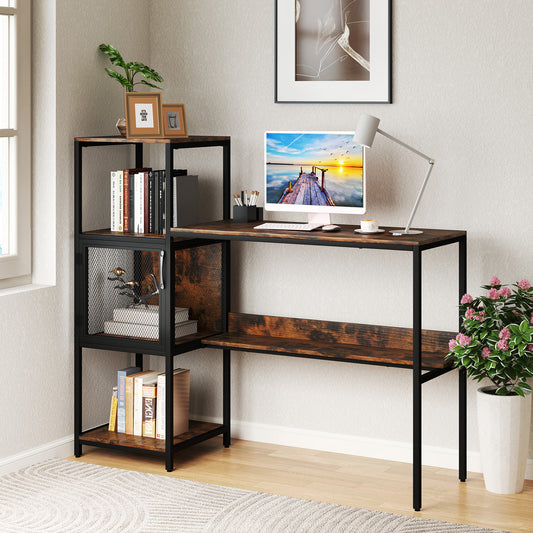 Computer Desk with Bookshelf Storage Cabinet and Shelves-Rustic Brown