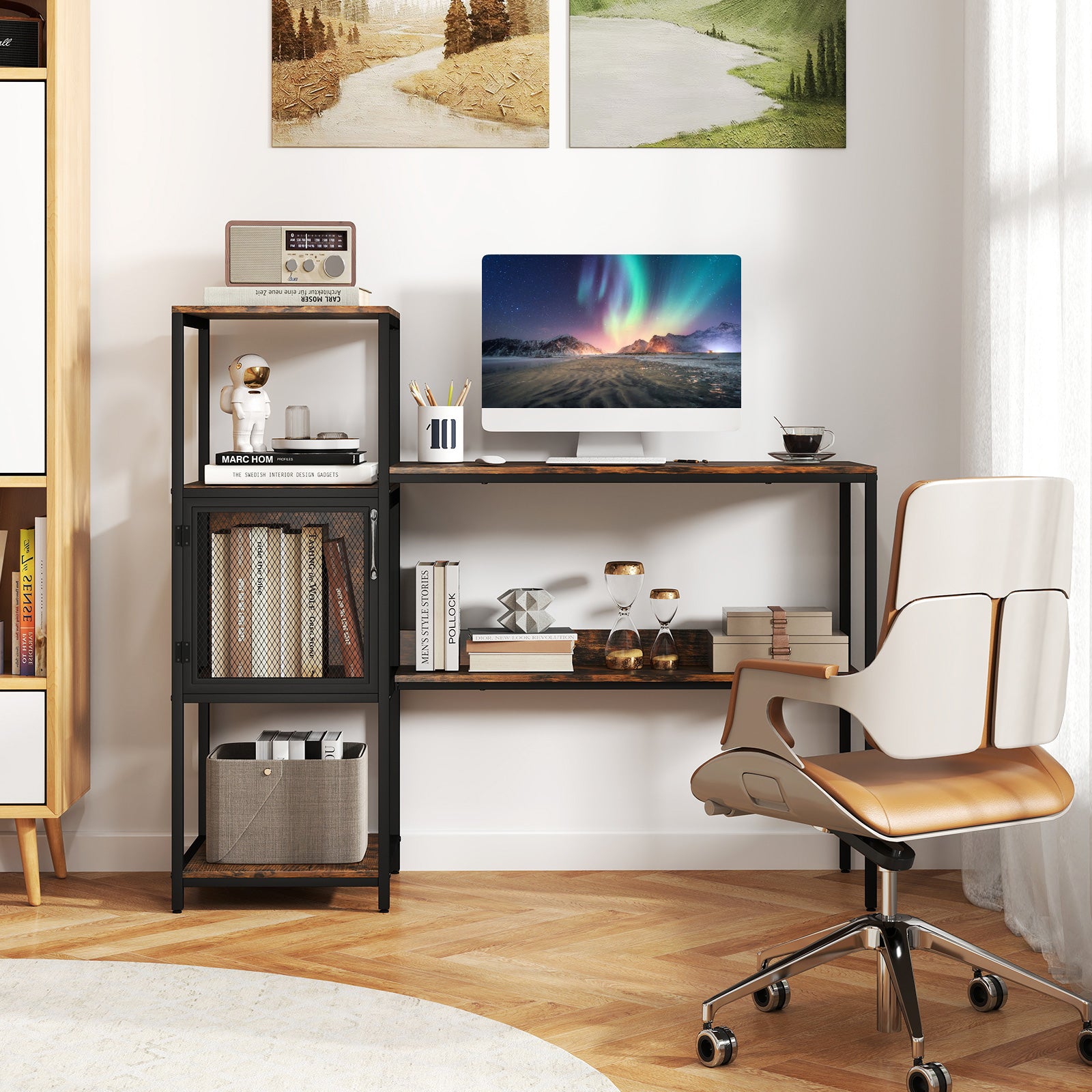 Computer Desk with Bookshelf Storage Cabinet and Shelves-Rustic Brown