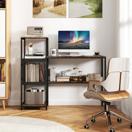Computer Desk with Bookshelf Storage Cabinet and Shelves-Rustic Brown