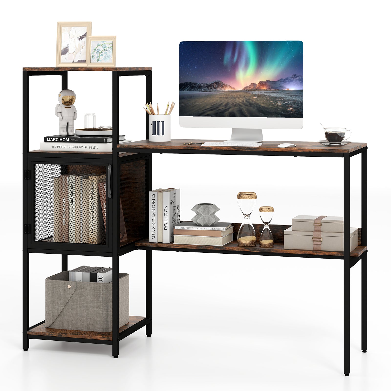 Computer Desk with Bookshelf Storage Cabinet and Shelves-Rustic Brown