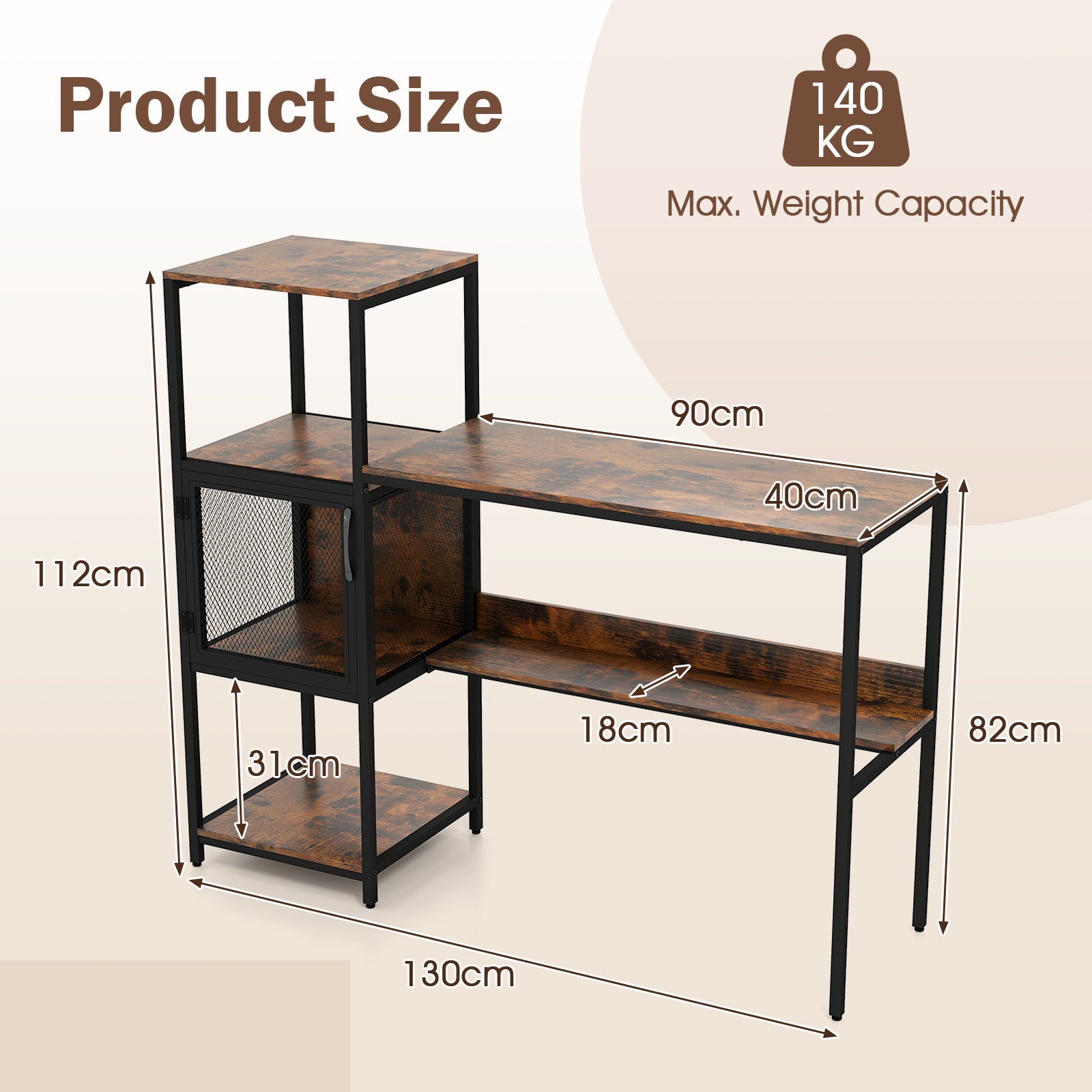 Computer Desk with Bookshelf Storage Cabinet and Shelves-Rustic Brown