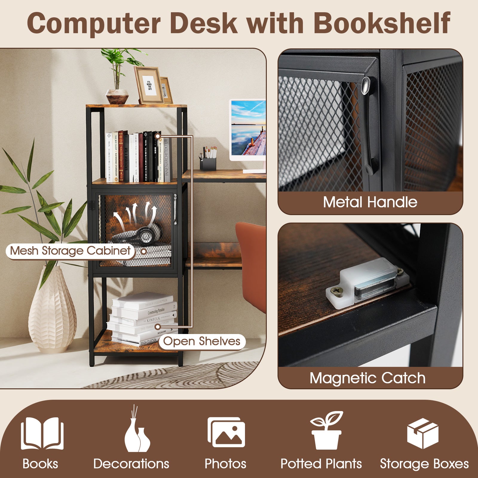 Computer Desk with Bookshelf Storage Cabinet and Shelves-Rustic Brown