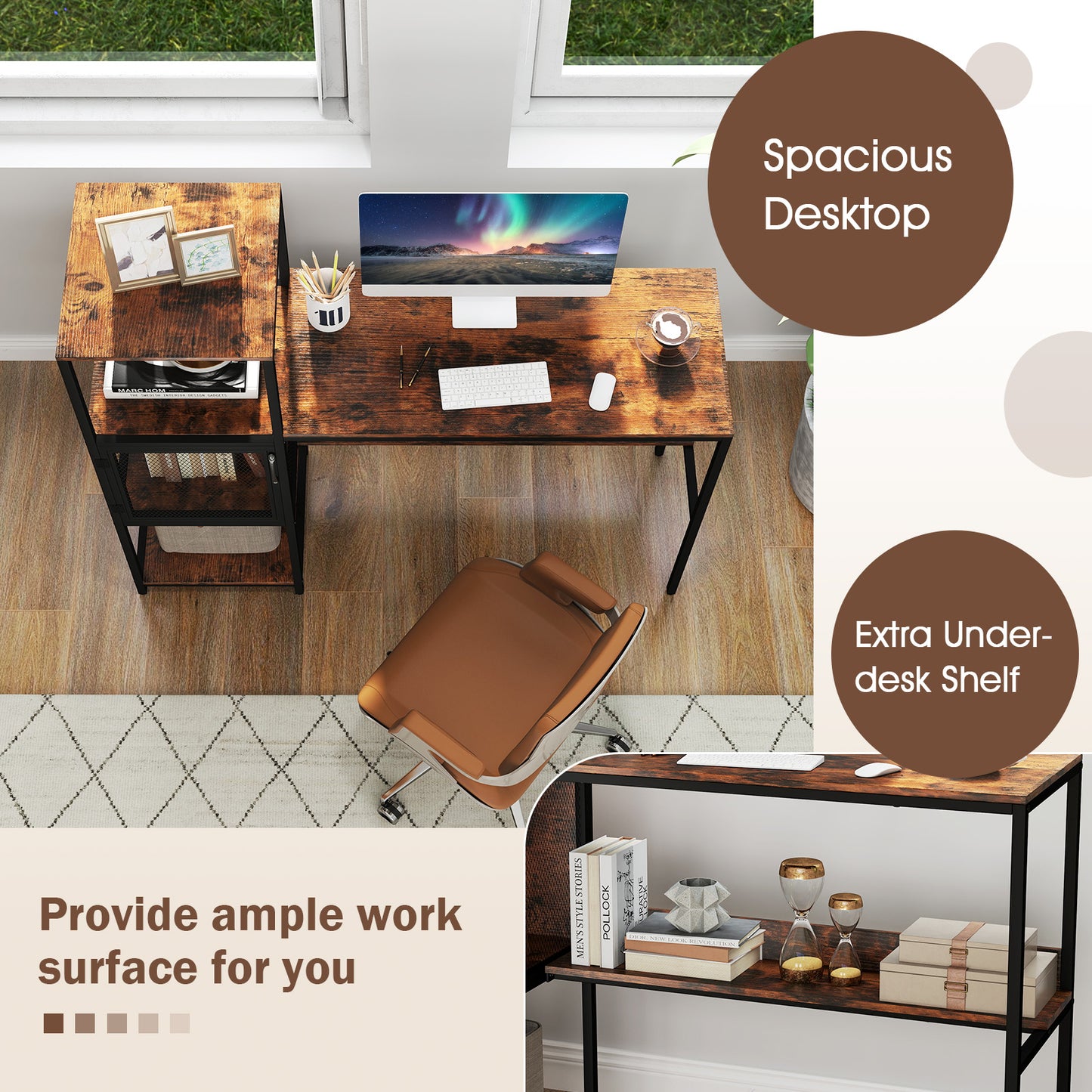 Computer Desk with Bookshelf Storage Cabinet and Shelves-Rustic Brown